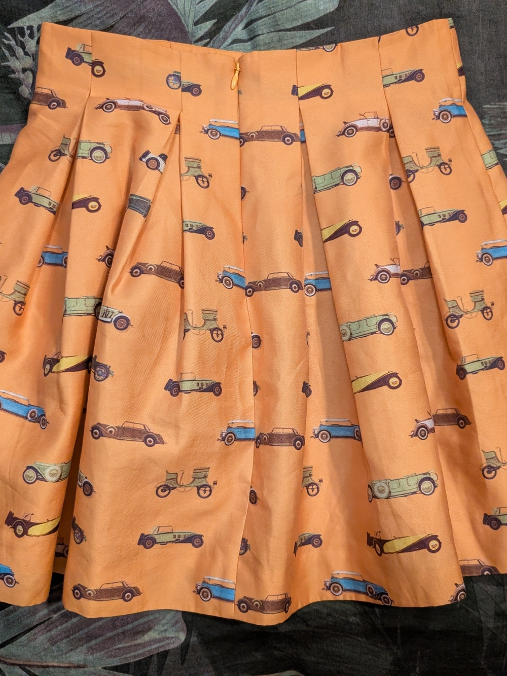 Orange Vintage Car Print Pleated Skirt